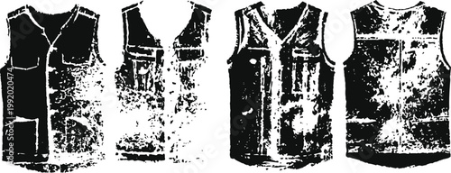 Fishing vests set four different fishing waistcoats with multiple pockets for gear and tools outdoor sportswear illustration