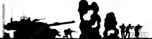 Une silhouette d'un champ de bataille moderne. Forces spéciales, char de combat et ruines
