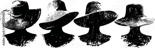 Vintage straw sun hats set on mannequin heads, summer beachwear accessories collection