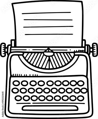 Retro typewriter with blank paper sheet, vintage writing tool, creative office equipment illustration