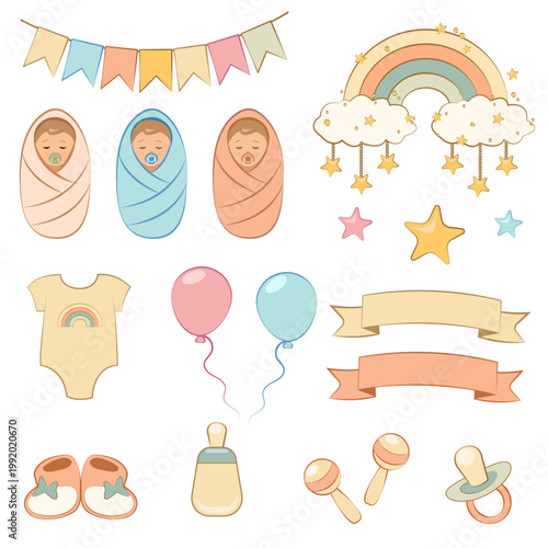 Cute baby shower and gender reveal elements set including newborn babies, pastel balloons, rainbow with clouds, bunting flags, stars, baby clothes, pacifier, bottle, rattles and ribbons.