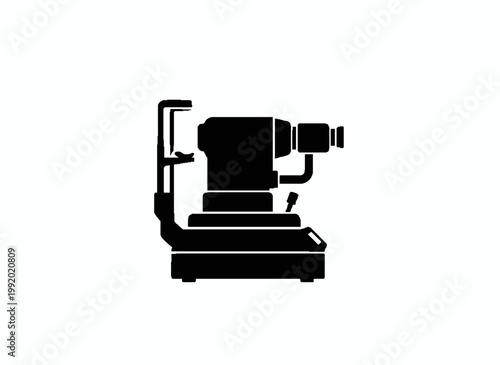 Eye Examination Tool Icon: A sleek, minimalistic silhouette of an ophthalmic slit lamp, a vital tool in eye care, against a clean backdrop. 