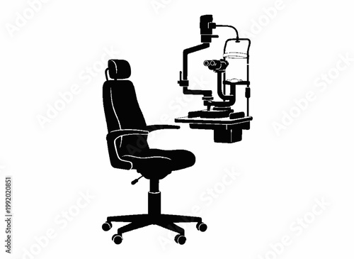 Optical Precision: A minimalist black-and-white depiction of a cutting-edge ophthalmic examination chair alongside an advanced optical instrument, highlighting the world of vision care