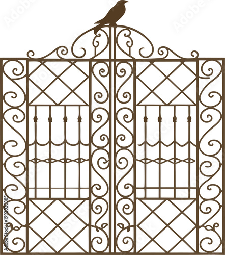 decorative wrought iron gate design with bird silhouette on top, vintage ornamental metalwork