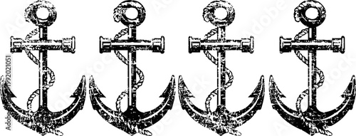 four vintage crossed anchors in black ink style, maritime nautical symbols design