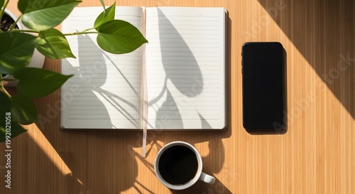 Overhead view of an open notebook smartphone and coffee cup on a wooden desk illuminated by sunlight