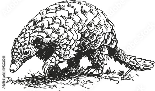 Pangolin walking on the ground with overlapping protective scales detailed black and white drawing