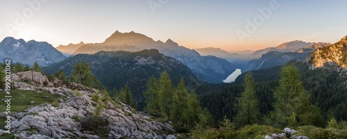 Panorama, view over the Königssee from the Feldkogel, on the left Watzmann Südspitze and Watzmann-Kinder, on the right Funtenseetauern, sunset, Berchtesgaden National Park, Berchtesgadener Land, Upper Bavaria, Bavaria, Germany