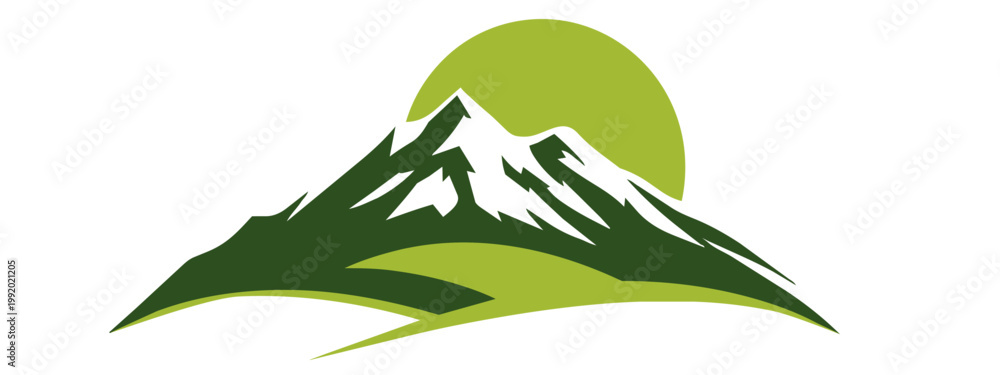 Obraz premium Green silhouette of mountains peaks sunset sunrise landscape banner panorama illustration adventure travel icon vector for logo, isolated on transparent background