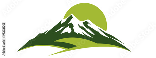 Green silhouette of mountains peaks sunset sunrise landscape banner panorama illustration adventure travel icon vector for logo, isolated on transparent background