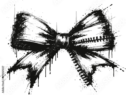 Grunge bow illustration with ink splatter and rough texture in black and white