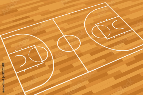 Angled Top View of a Professional Basketball Court with Polished Wooden Hardwood Floor Texture and Clean White Line Markings for Sports Arena Gym Background Vector Illustration Design