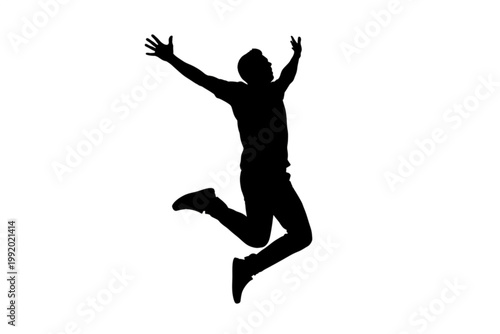 Joyful Leap: A silhouetted figure leaps with unrestrained glee, arms outstretched, embodying pure freedom and elation. 