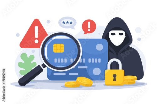 Vector Illustration of Credit Card Fraud and Cybercrime Concept with a Hooded Hacker, Magnifying Glass Inspecting a Bank Card, Security Padlock, Warning Signs, and Coins for Financial Protection.