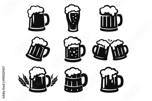 Set of Beer Mug Icons in Black and White Silhouette Style; Simple Flat Vector Illustration of Ale Glasses, Lager Steins with Foam, Clinking Mugs, and Wheat Stalks for Pub, Bar, or Brewery Design.