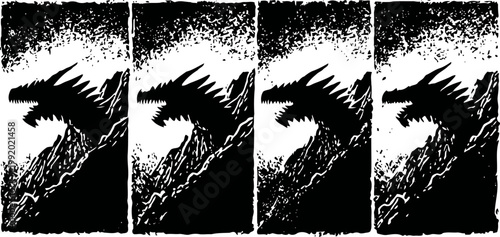 Silhouette of dragon wings spread over rocky mountain cliffs in a dark dramatic landscape