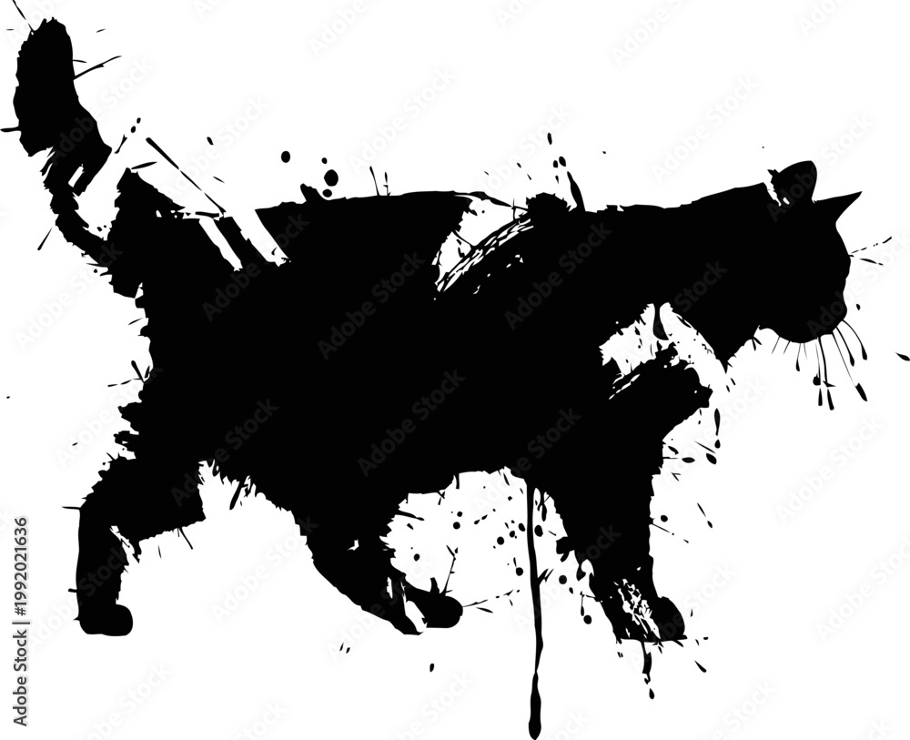 Obraz premium Black cat silhouette with ink splatter effect abstract feline shape, artistic paint splash design with grunge texture