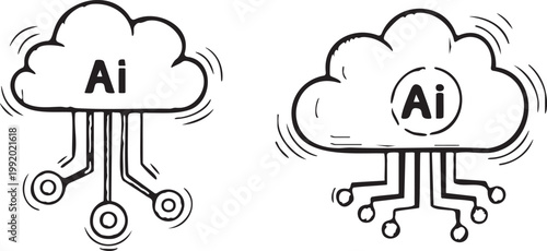 Artificial Intelligence Cloud Computing Doodle Set with AI Text and Circuit Connection Lines Vector