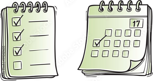 Hand Drawn Doodle of Calendar and To-Do List Notebook Set for Time Management and Schedule Planning Vector