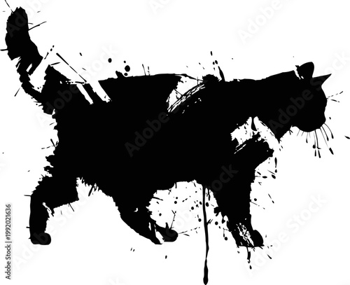 Black cat silhouette with ink splatter effect abstract feline shape, artistic paint splash design with grunge texture