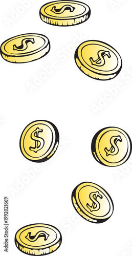Falling Golden Dollar Coins Illustration, Wealth and Financial Success Concept on White