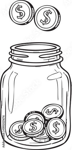 Hand Drawn Doodle of Money Jar and Dollar Coins for Savings Investment and Finance Concept