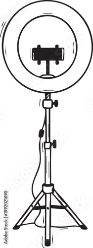 Hand Drawn Doodle of Ring Light with Tripod Stand and Phone Holder for Content Creation Concept