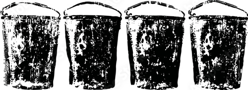 Four rustic metal buckets with textured surfaces, arranged in a row with shadows beneath