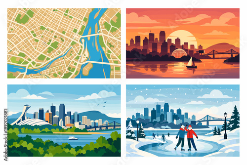 Set of Montreal Travel Posters and Urban City Map Illustration featuring Iconic Landmarks like the Olympic Stadium, Biosphere, Jacques Cartier Bridge, Skyline at Sunset, and Winter Ice Skating.
