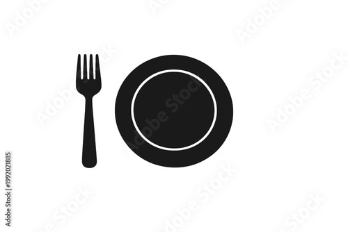 Black Restaurant Icon with Plate Fork and Knife Silhouette. Minimalist Dining Symbol for Cafe Menu, Catering Service, Kitchen and Food Related Graphic Design. Vector Illustration on White.