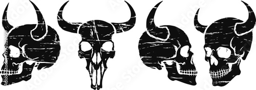 Vintage bull skull and human skull with horns illustrations in distressed