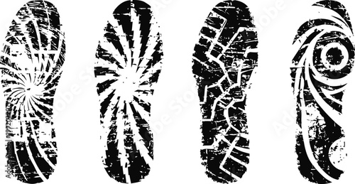 Worn shoe soles set with various tread patterns in black grunge print