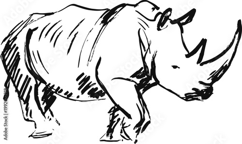 black and white hand drawn rhinoceros illustration, wild animal sketch art drawing