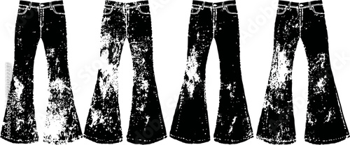 Vintage flared jeans silhouettes with distressed texture retro denim styles from skinny to wide leg pants