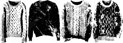 Four cozy knitted sweaters hanging on hangers, winter fashion clothing collection