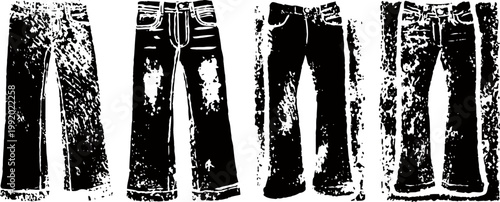 Grunge distressed jeans silhouettes in black and white, vintage denim fashion illustrations