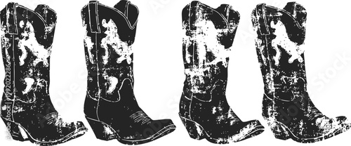 Vintage western cowboy boots with intricate floral embroidery and worn leather texture