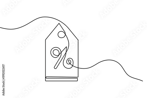 Minimalist price tag with percent symbol one line drawing isolated on white background