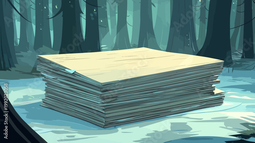 A stack of papers sits on the snowy forest floor, amidst tall trees with a blueish tint