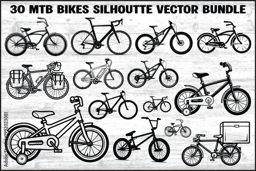 MTB bikes, bicycle silhouettes, vector bundle, 30 elements