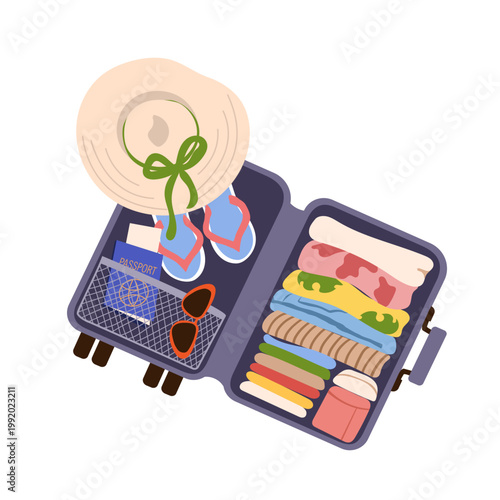 Open suitcase ready for summer vacation containing folded clothes, straw hat, flip-flops, sunglasses, and a passport. Concept for travel, tourism, and leisure planning.