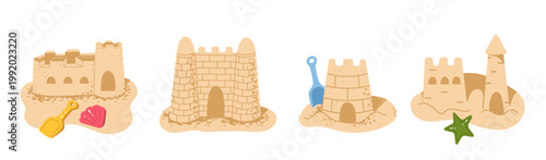 A collection of sand castles with beach toys and seashells. Vector illustration set for summer vacation, seaside, childhood memories and beach activities design.