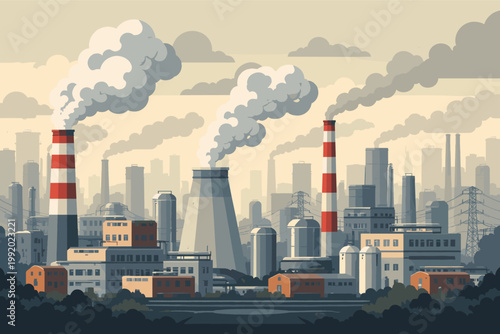 Industrial city landscape with factories, smoking chimneys, and cooling towers emitting thick clouds of pollution into the atmosphere, flat vector illustration of urban industrial zone and smog.
