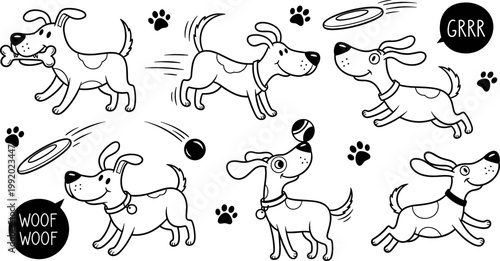 Playful Dog Illustrations with Bone, Ball, and Frisbee - Vector Design