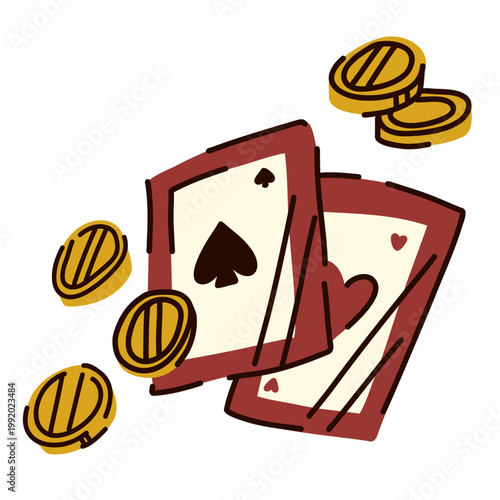 Paper cards with a red border, hearts and spades among scattered gold coins in a Wild West style