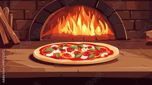 A cartoon pizza in an oven with a roaring fire, prepared to be baked and enjoyed