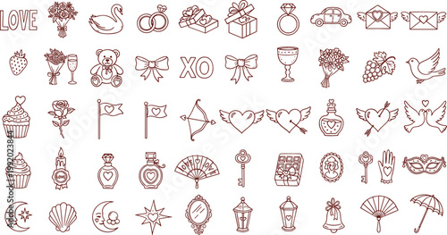 Romantic Love Icons Scrapbook Set with Hearts, Roses, Rings, Cupcakes, and Doves