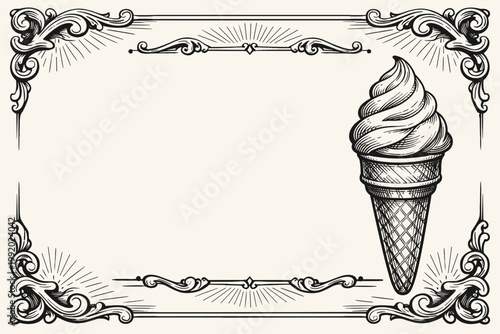 Vintage Engraved Ice Cream Cone Illustration in an Ornate Decorative Frame; Retro Soft Serve Waffle Cone Sketch for Parlor Sign, Menu Template, and Antique Style Food Branding Design