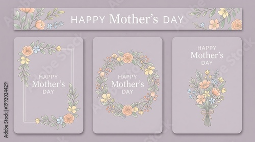 Happy Mother's Day greeting card set, elegant floral invitation templates with lavender background, botanical wreath and bouquet illustrations