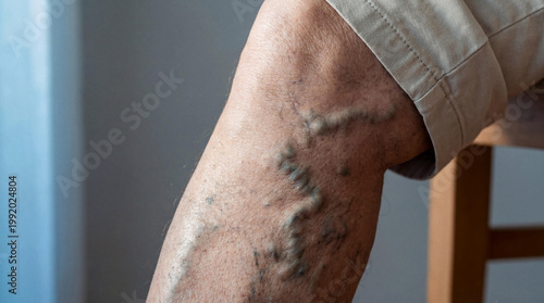 Close-up showing severe varicose veins on a person's leg, a common medical condition related to poor circulation